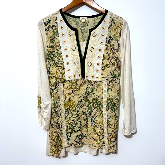 Tiny Tops - Tiny Womens Linen Blend Embroidered Top with Lace Accent